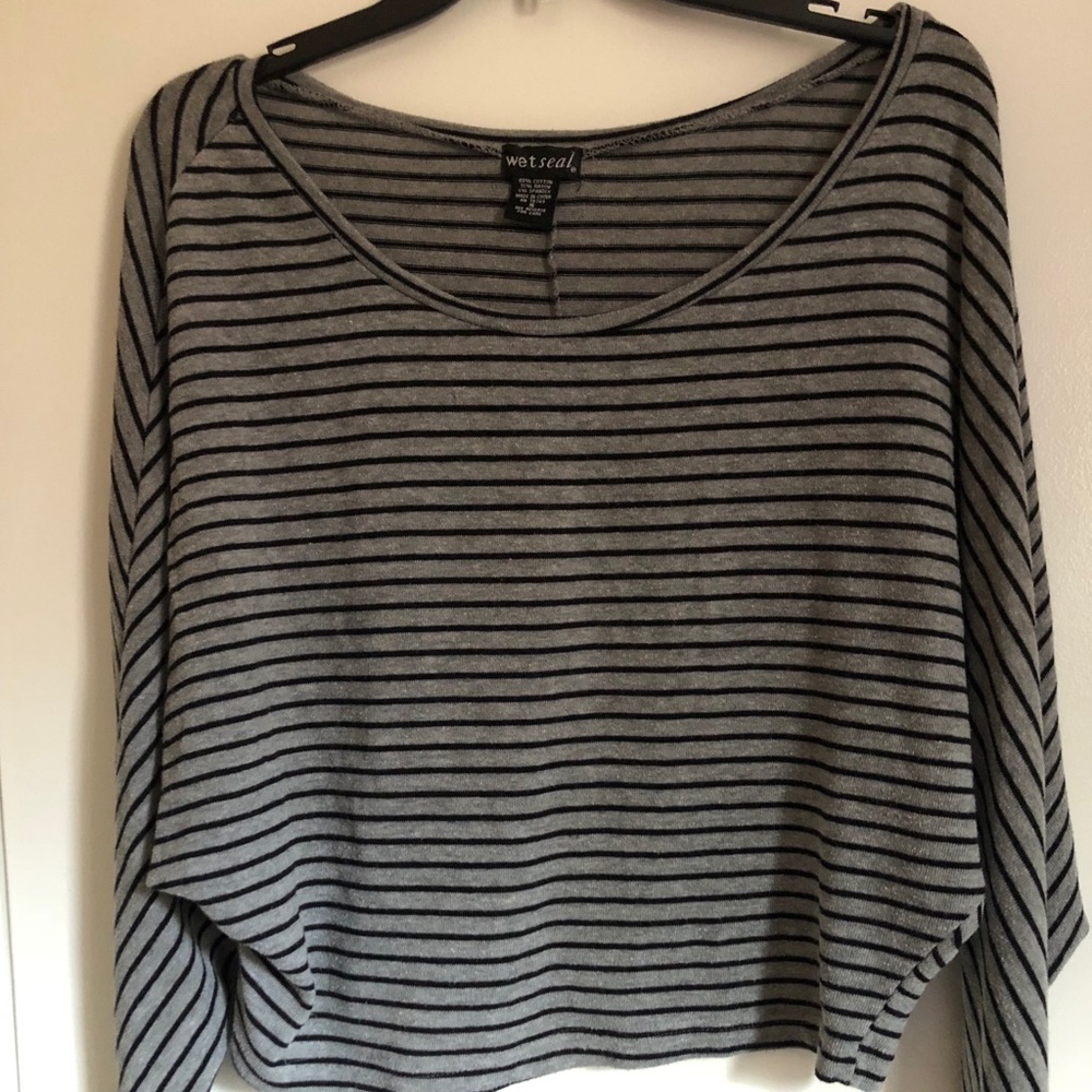 Wet Seal Grey And Black Striped Long Sleeve Shirt